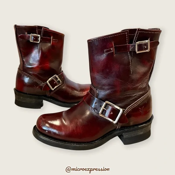 $389 Veronica Short Engineer Lug Sole Belted Red Oxblood Leather Moto Ankle Boot - Picture 13 of 13
